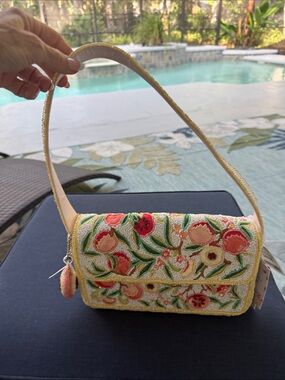 Beaded Floral Shoulder Bag in Yellow and Coral